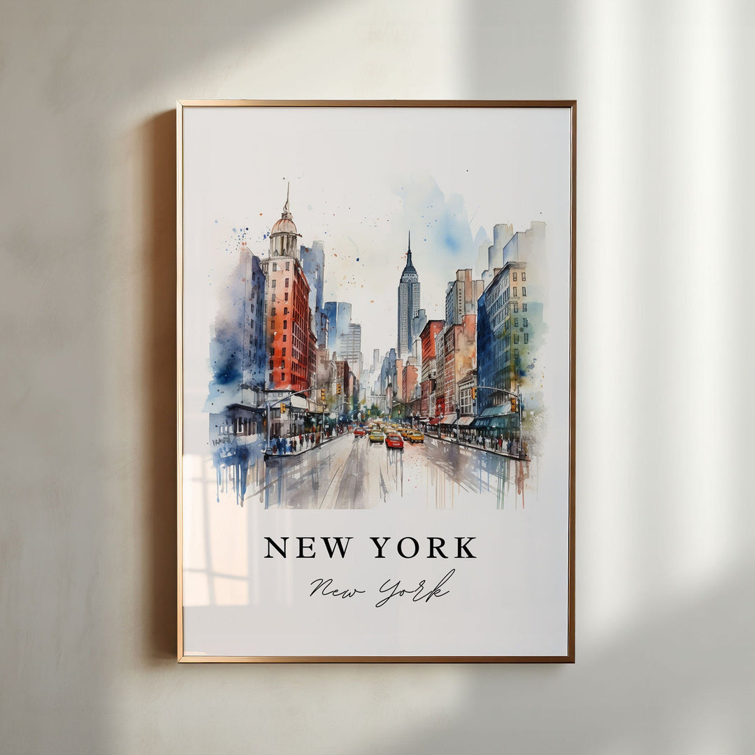 New York City watercolor wall art in a gold frame featuring the Empire State Building and lively streets with vibrant city character.