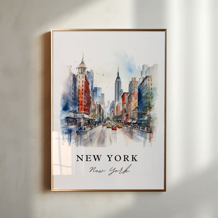 New York City watercolor wall art in a gold frame featuring the Empire State Building and lively streets with vibrant city character.