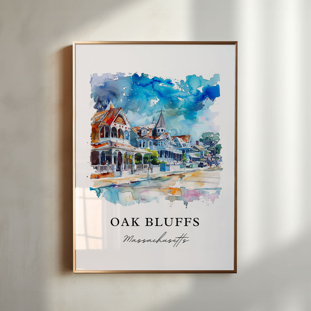 Oak Bluffs Massachusetts watercolor wall art in a gold frame featuring colorful Victorian cottages, charming seaside streets, and bright coastal blue skies.