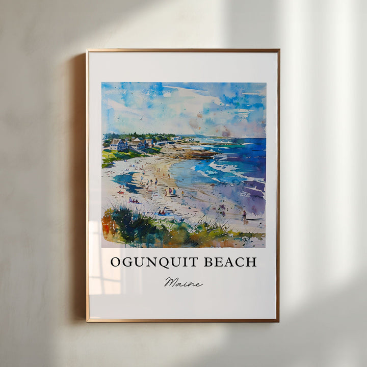 Ogunquit Beach Maine watercolor wall art in a gold frame featuring a sandy Atlantic shoreline, rolling blue waves, and charming New England coastal scenery.