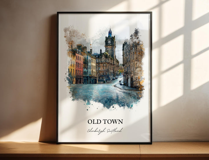 Historic Old Town Edinburgh Scotland watercolor painting featuring the iconic Balmoral Clock Tower, cobblestone streets, and timeless stone architecture.