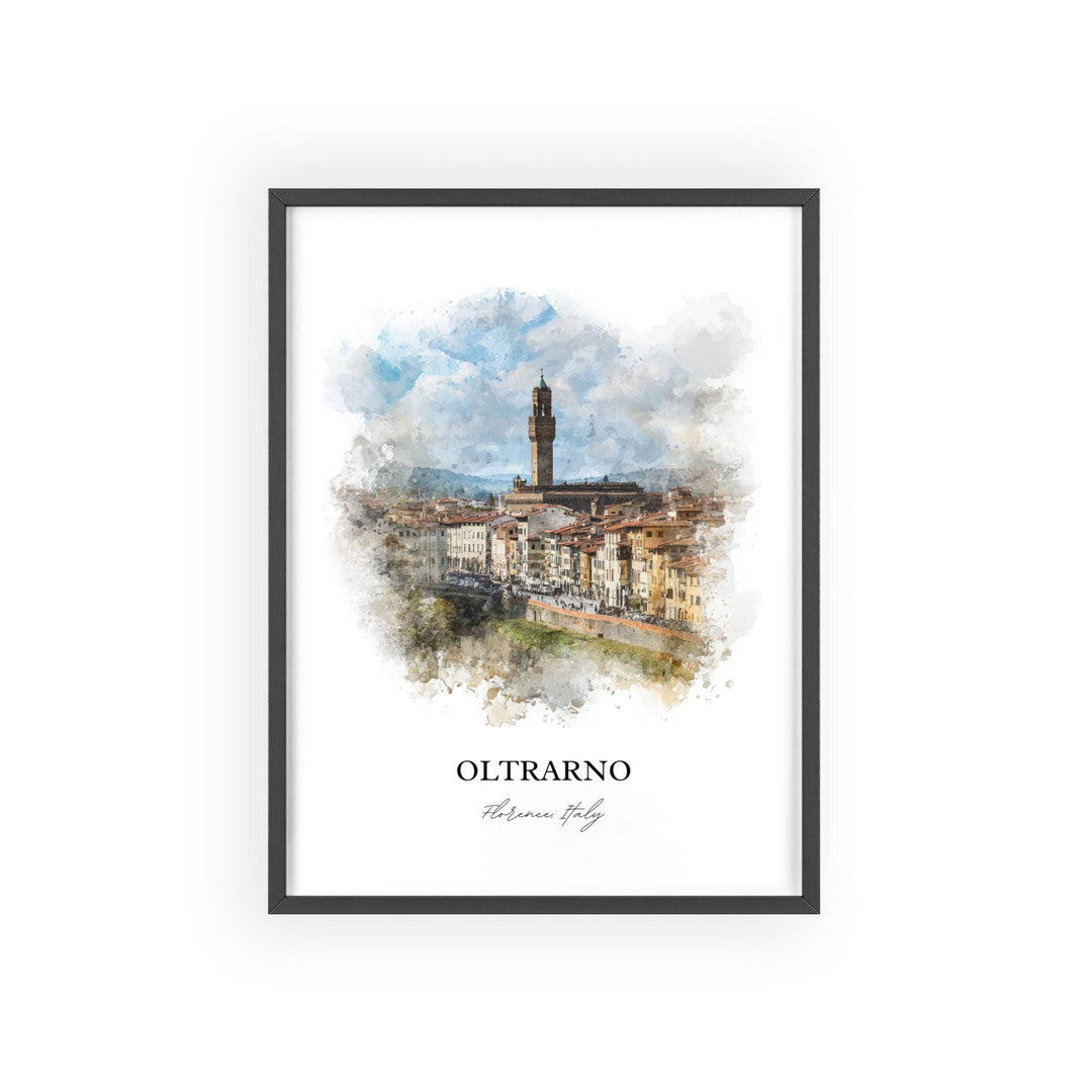 Oltrarno Florence Italy watercolor wall art in a black frame celebrates the historic riverside neighborhood with soft watercolor detail and warmth.