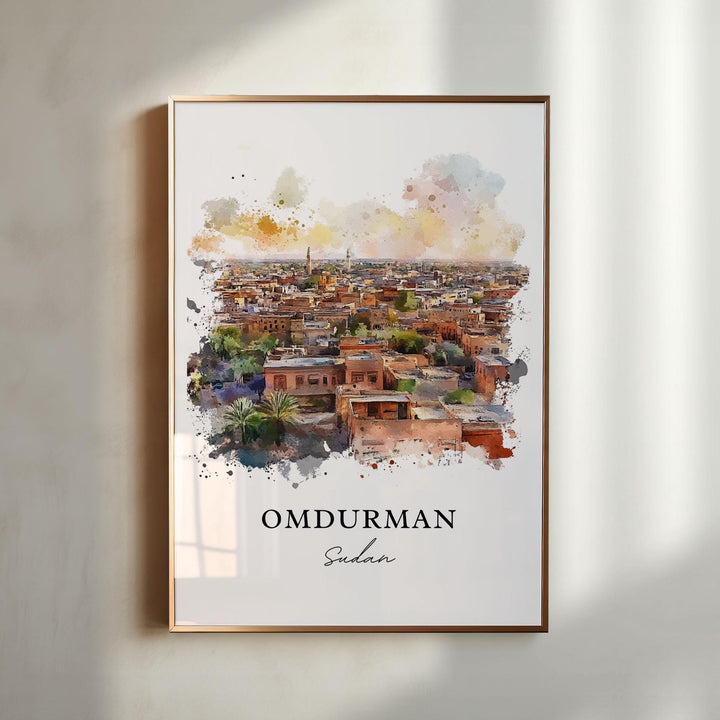 Earth-toned cityscape watercolor featuring sunbaked architecture.
