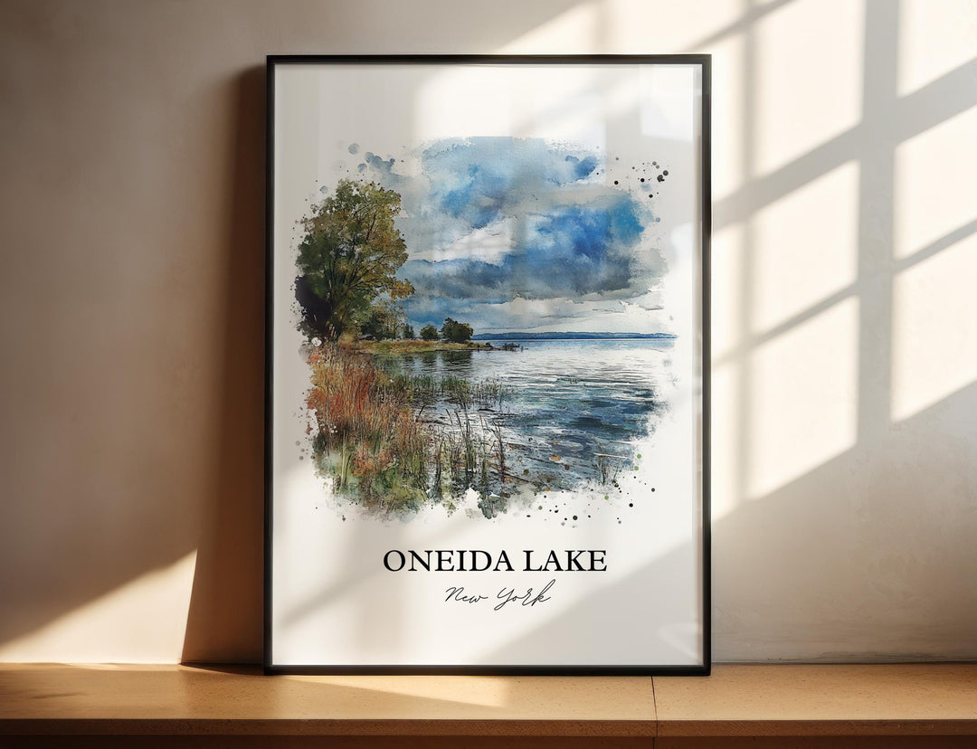Beautiful Oneida Lake New York watercolor painting featuring a serene shoreline with calm waters, native wetlands, and expansive lake views.