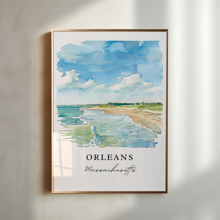 Orleans Massachusetts watercolor wall art in a gold frame featuring tranquil sandy shores, gentle ocean waves, soft blue skies, and peaceful coastal scenery.