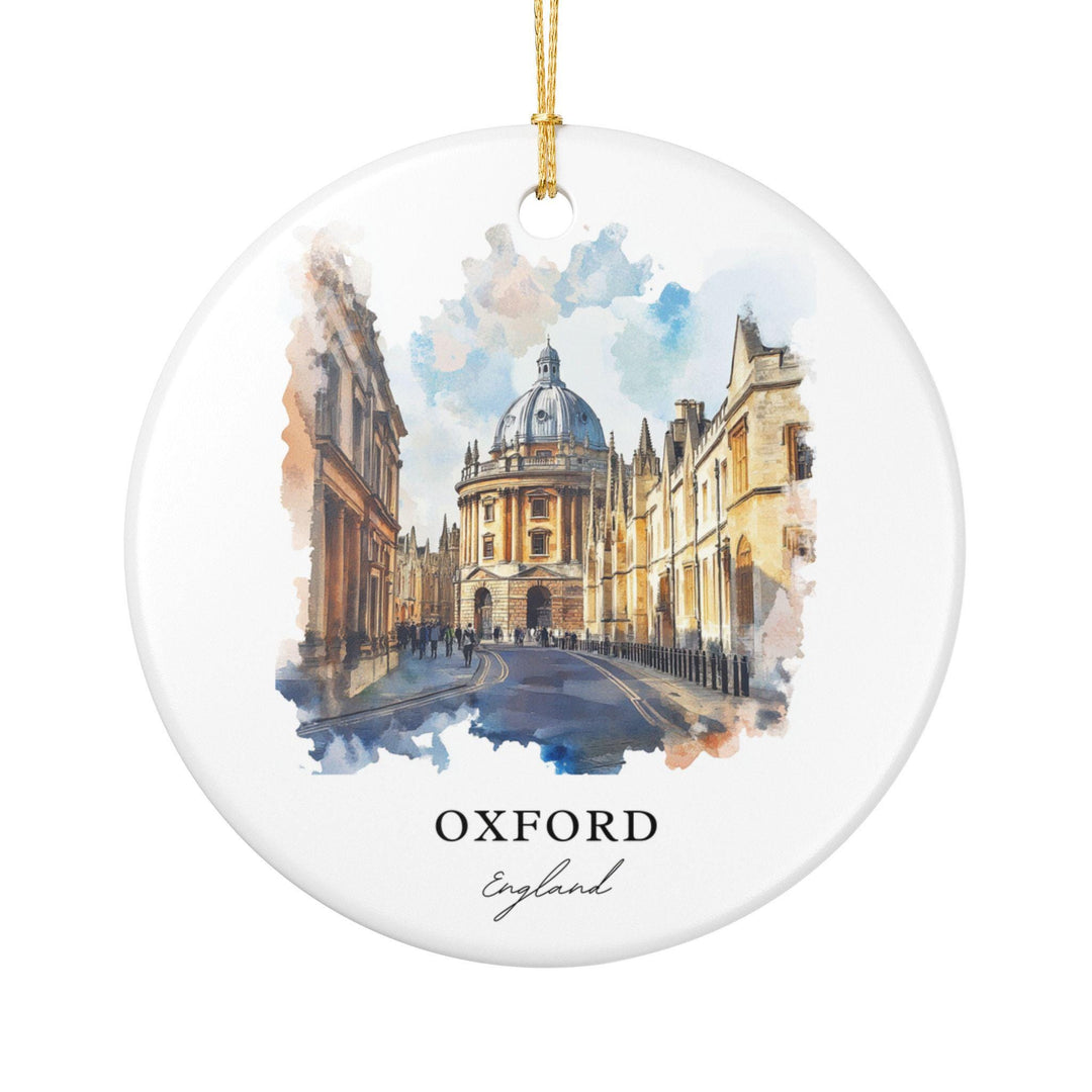 Celebrate the timeless beauty of Oxford with this elegant watercolor ceramic ornament featuring the iconic Radcliffe Camera and historic streets of England&