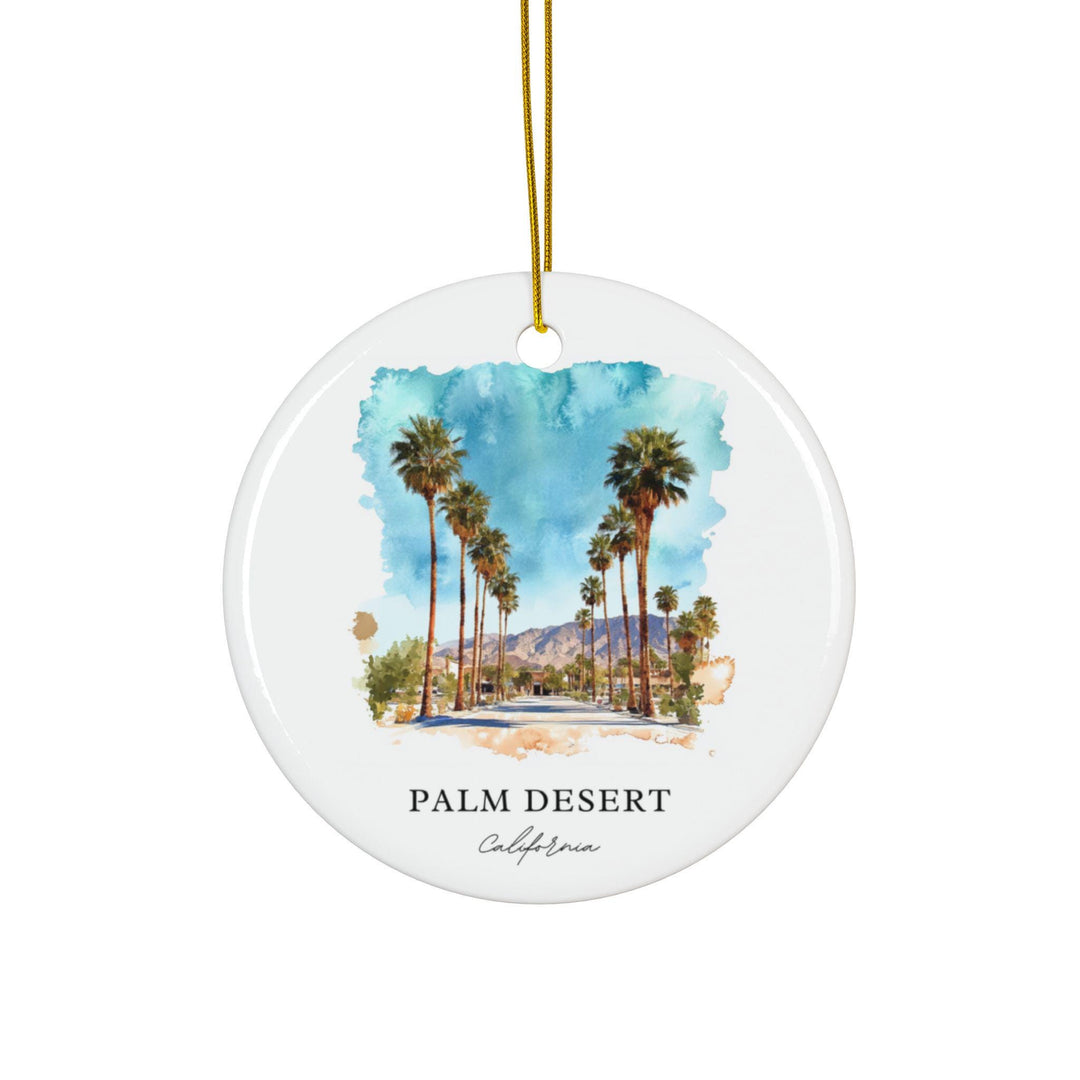 Palm Desert California white holiday ornament featuring a watercolor palm-lined boulevard with mountain views and sunny desert charm.