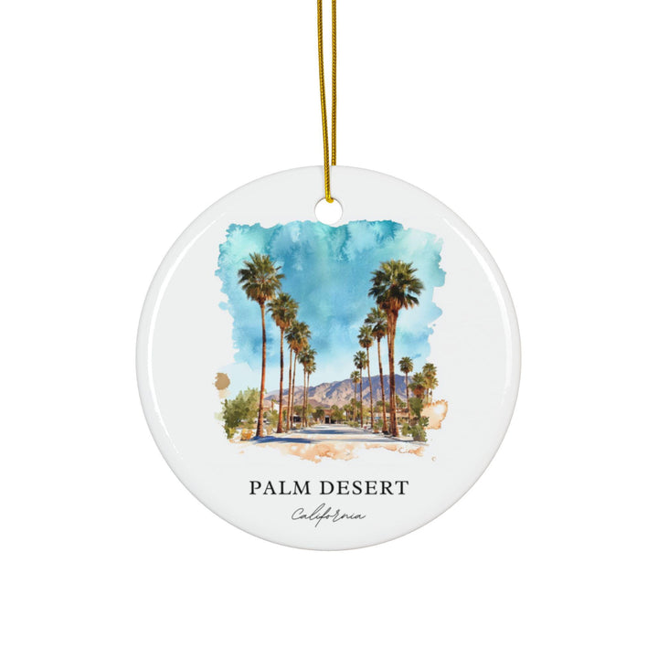 Palm Desert California white holiday ornament featuring a watercolor palm-lined boulevard with mountain views and sunny desert charm.