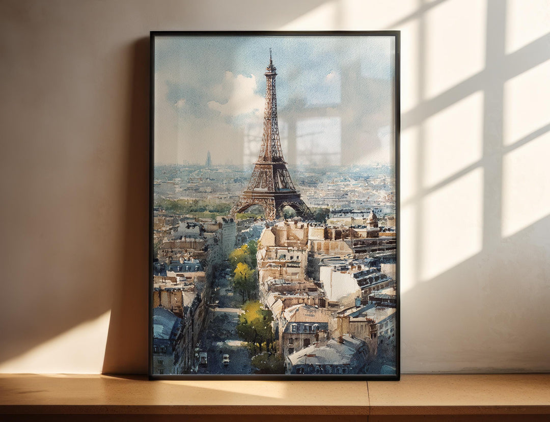 Paris France watercolor wall art in a black frame featuring the Eiffel Tower rising above the city in soft watercolor with classic Paris charm.