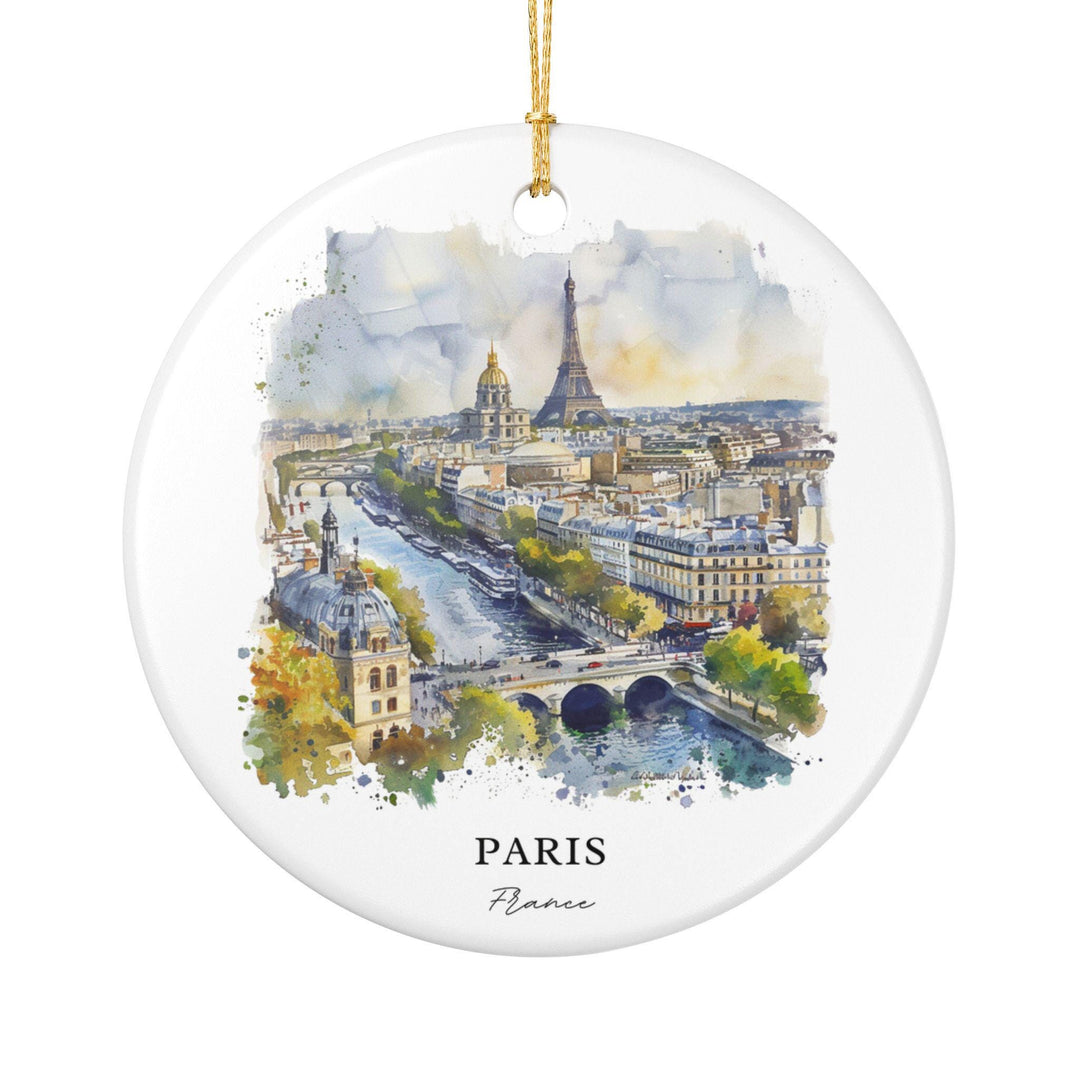 Paris France Eiffel Tower ornament featuring the Seine River and watercolor skyline, a timeless keepsake for holidays and gifts.