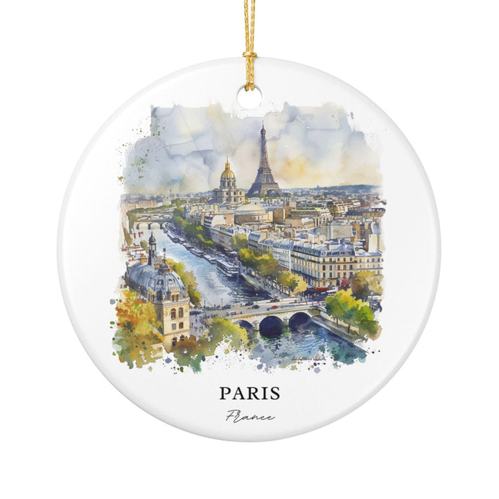Paris France Eiffel Tower ornament featuring the Seine River and watercolor skyline, a timeless keepsake for holidays and gifts.