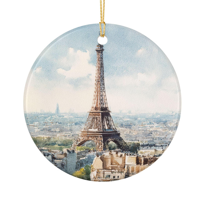 Paris France Eiffel Tower ornament featuring a timeless watercolor skyline design, perfect for holiday décor, gifts, and keepsakes.