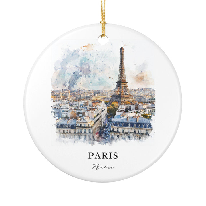 Paris France Eiffel Tower ornament featuring a watercolor skyline and classic Paris rooftops, perfect for holiday décor and gifts.