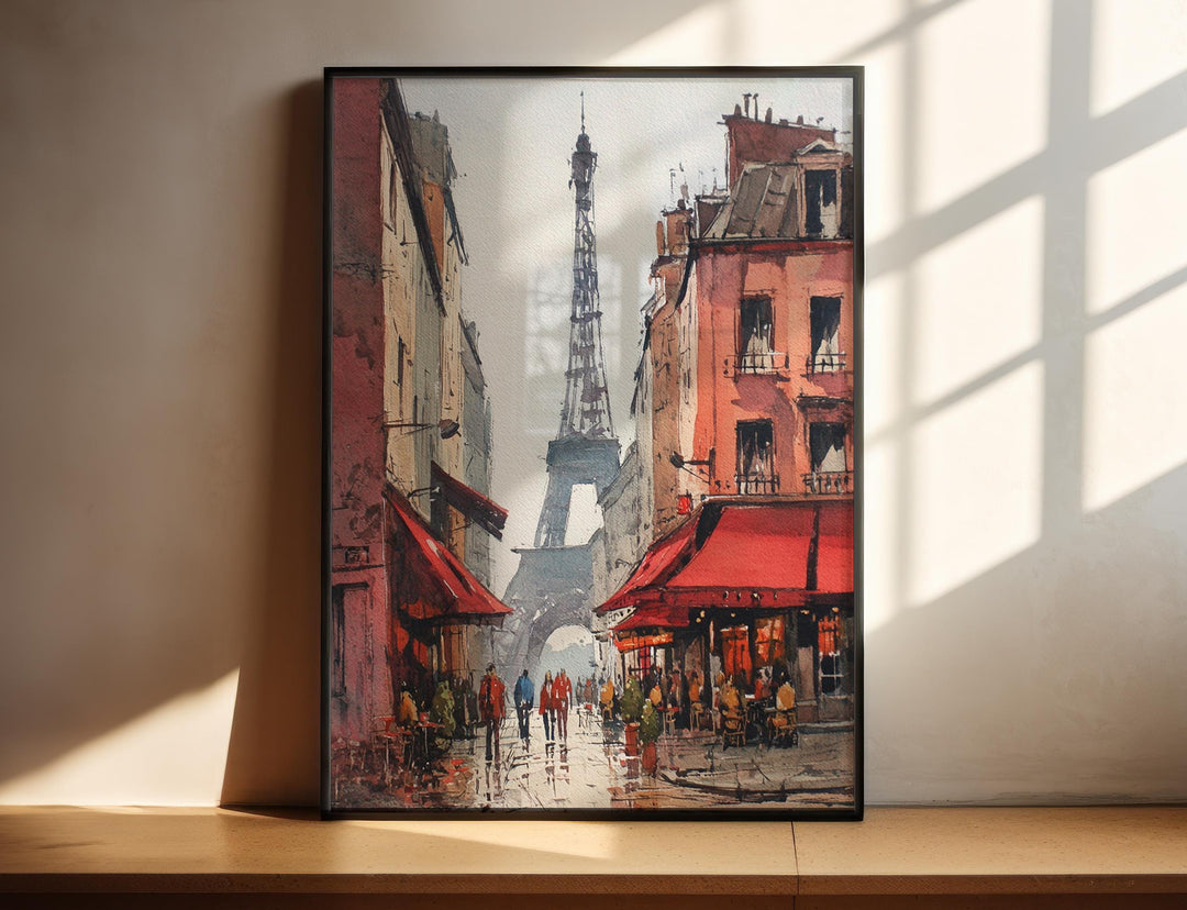 Paris France Eiffel Tower watercolor wall art featuring charming cafés and classic streets in a timeless print for home décor.