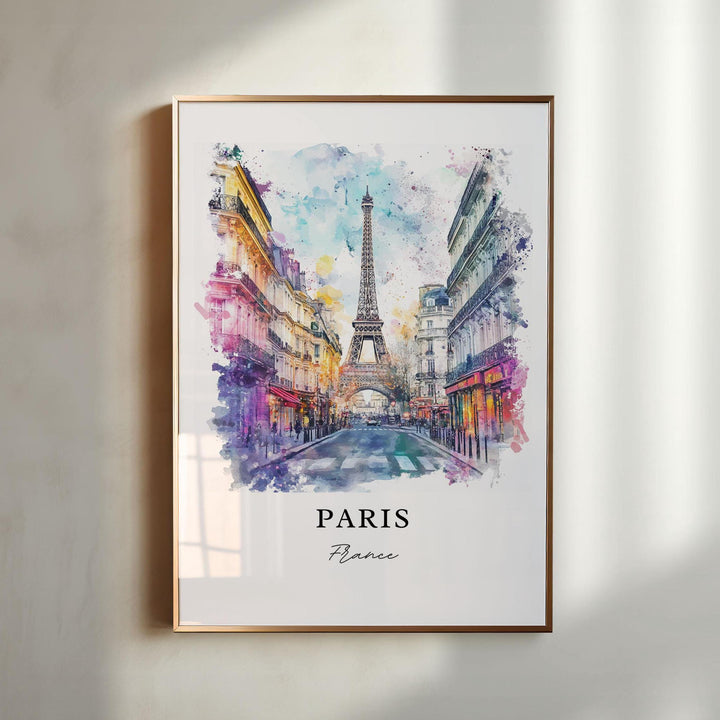 Paris France Eiffel Tower watercolor wall art featuring charming cafés and classic streets in a timeless print for home décor.