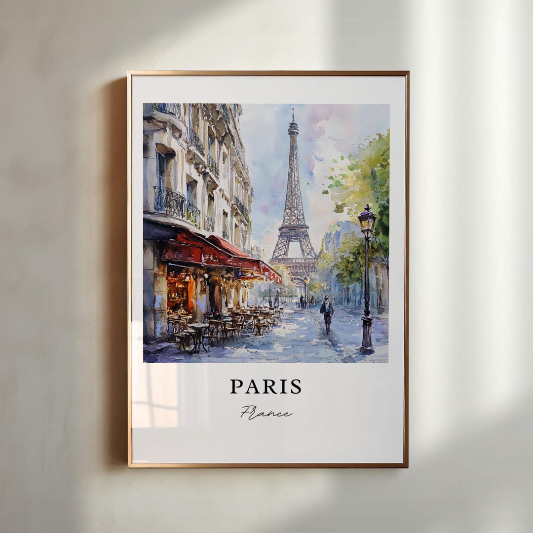 Paris France watercolor wall art in a gold frame featuring the Eiffel Tower, a charming café street, and elegant Parisian architecture.