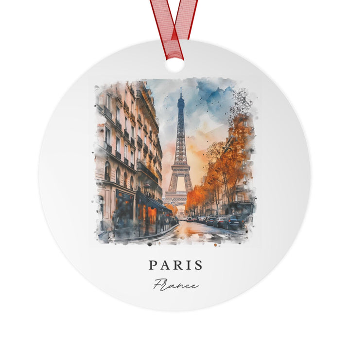 Paris France watercolor ornament featuring the Eiffel Tower, Seine River, and classic architecture in a timeless holiday keepsake.