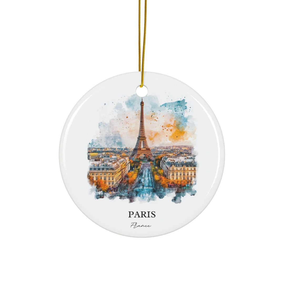 Paris France watercolor ornament featuring the Eiffel Tower and Parisian streets in a timeless keepsake for holiday décor or gifts.