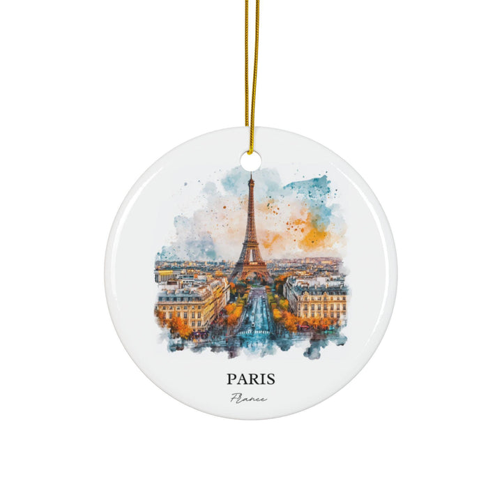 Paris France watercolor ornament featuring the Eiffel Tower and Parisian streets in a timeless keepsake for holiday décor or gifts.