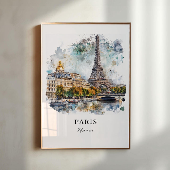 Paris France watercolor wall art in a black frame featuring the Eiffel Tower rising above the city in soft watercolor with classic Paris charm.