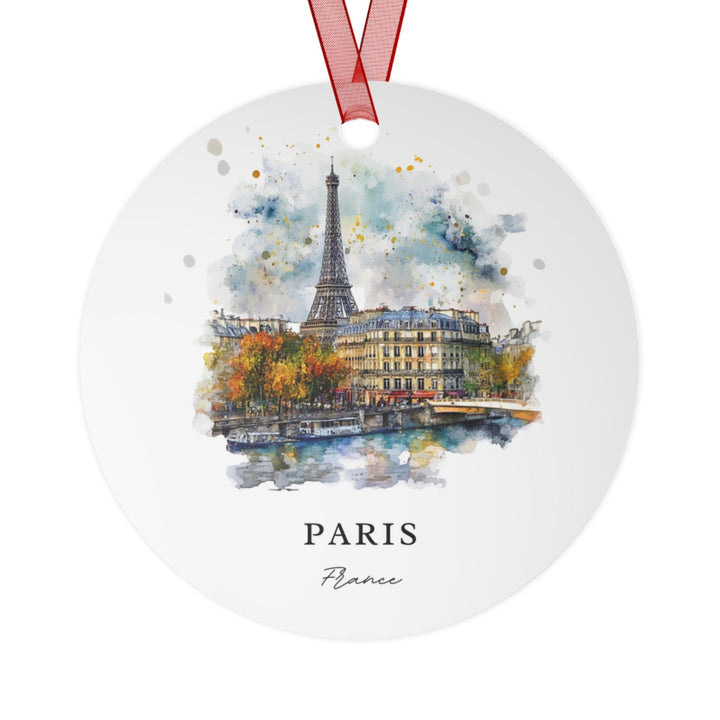 Paris France ornament featuring the Eiffel Tower, Seine River, and watercolor cityscape in a timeless keepsake for holidays.