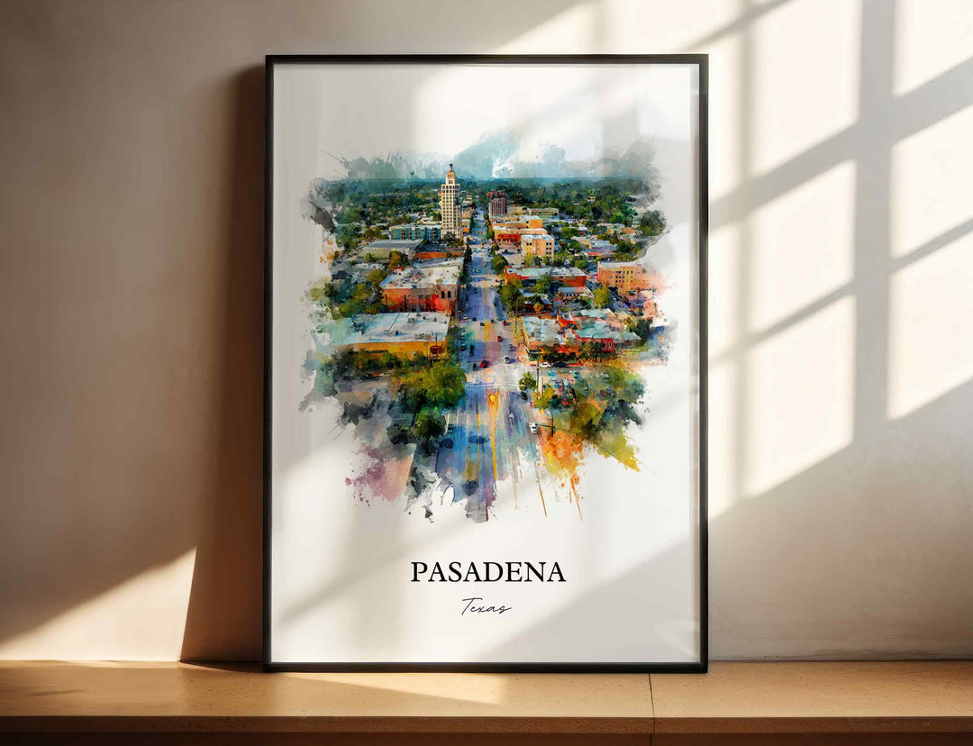 Pasadena Texas watercolor wall art in a black frame featuring a colorful downtown streetscape, tree-lined avenues, and warm blue and golden watercolor accents.