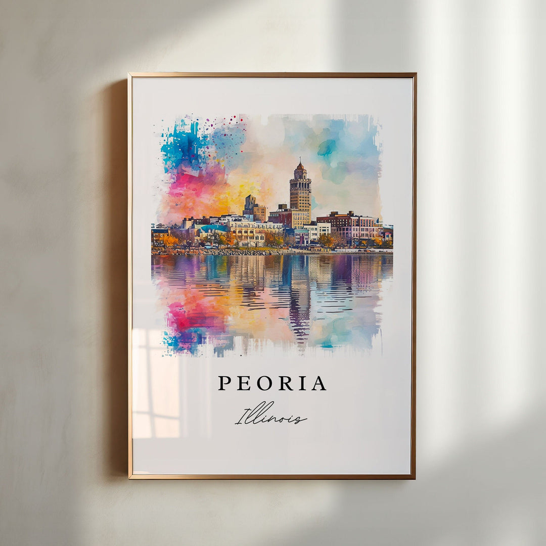 Peoria Illinois watercolor wall art in a gold frame featuring the downtown skyline, colorful riverfront reflections, and vibrant sunset-inspired colors.