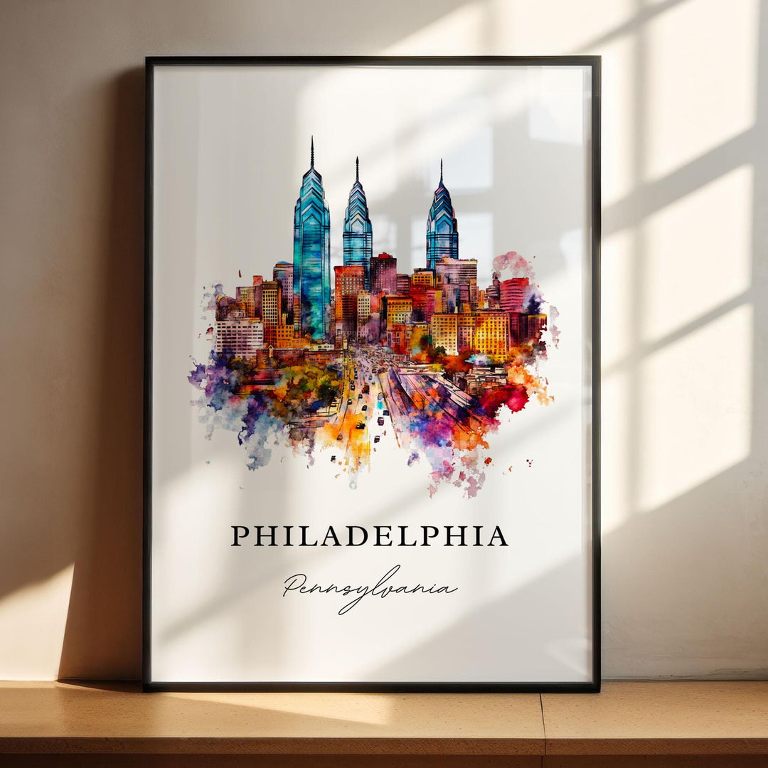 Philadelphia Pennsylvania watercolor wall art in a black frame featuring the iconic skyline with vibrant city colors, modern skyscrapers, and bold urban energy.