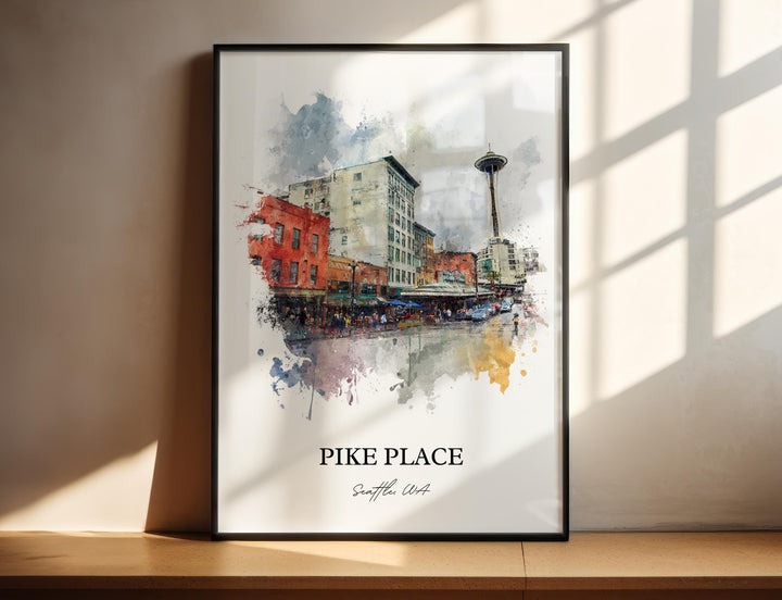 Watercolor Pike Place Seattle wall art in a black frame featuring the Space Needle and lively market streets, a Washington city print.