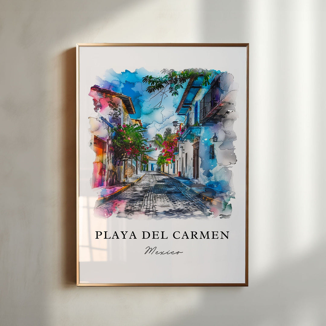Playa del Carmen Mexico watercolor wall art in a gold frame featuring colorful colonial streets, tropical blooms, blue balconies, and cobblestone charm.