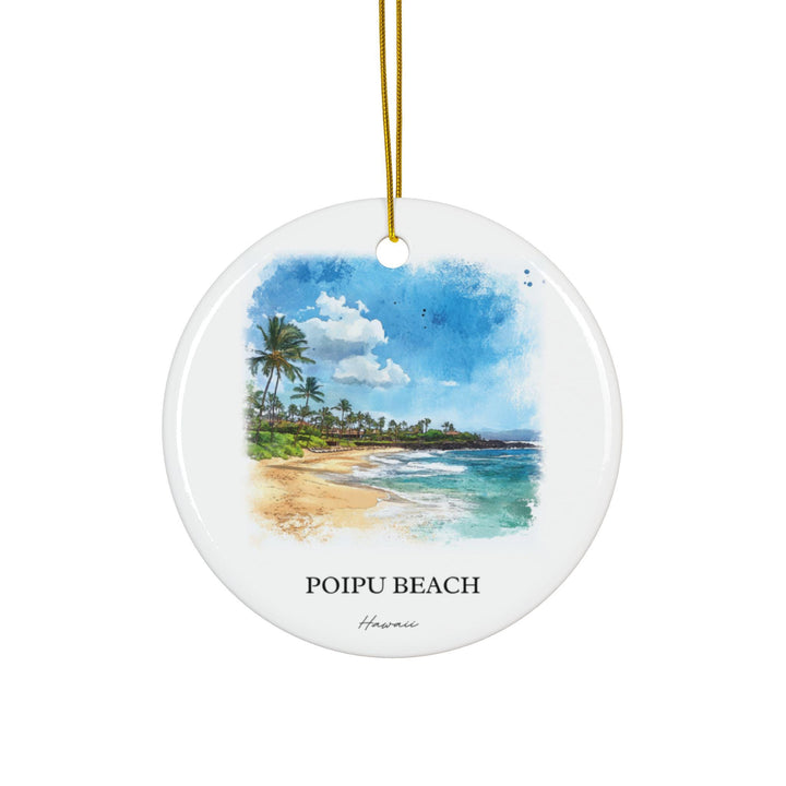 Poipu Beach Hawaii white holiday ornament featuring a watercolor tropical shoreline with swaying palms, turquoise waves, and sunny island beauty.