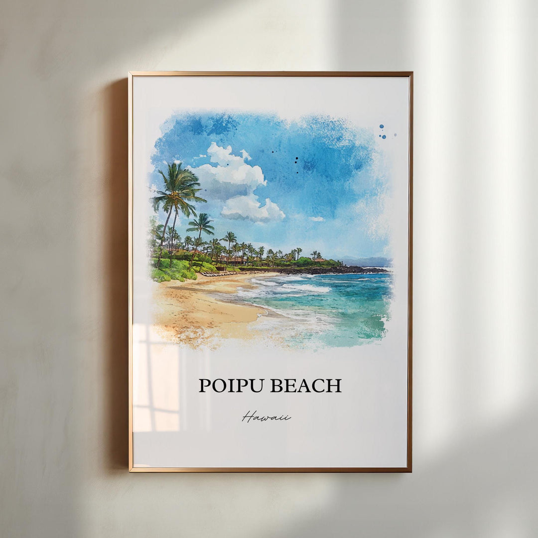 Poipu Beach Hawaii watercolor wall art in a gold frame featuring a sunlit tropical shoreline with swaying palms, turquoise waves, and soft sandy beaches.
