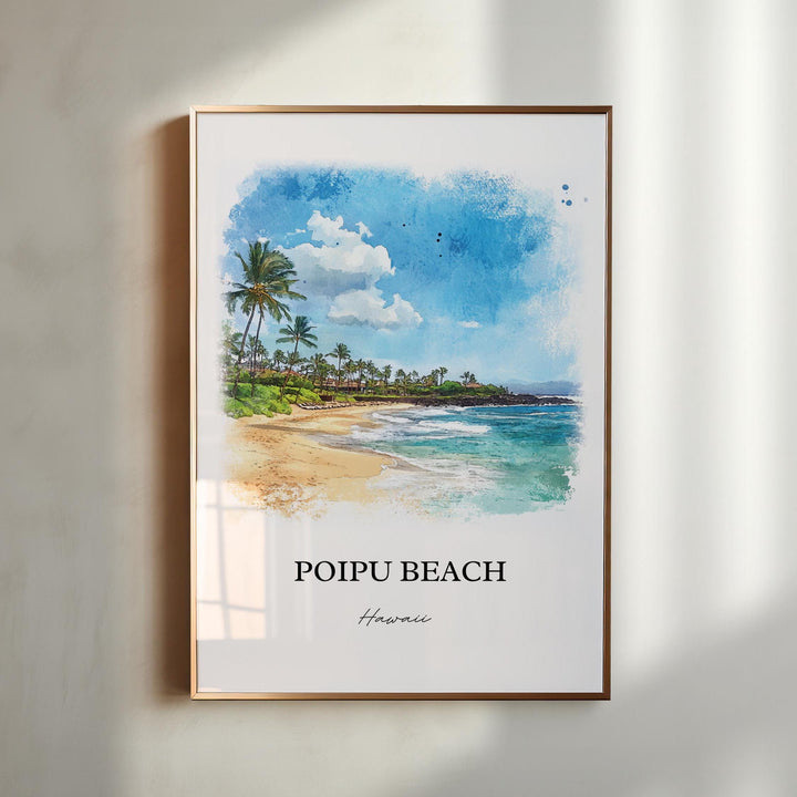 Poipu Beach Hawaii watercolor wall art in a gold frame featuring a sunlit tropical shoreline with swaying palms, turquoise waves, and soft sandy beaches.