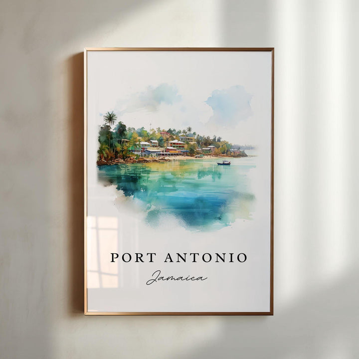 Port Antonio Jamaica watercolor wall art in a gold frame featuring a serene tropical harbor, turquoise water, colorful hillside homes, and a small fishing boat.