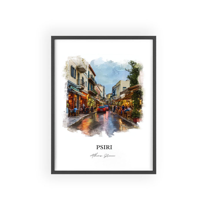Psiri Athens Greece watercolor wall art in a black frame captures the neighborhood&