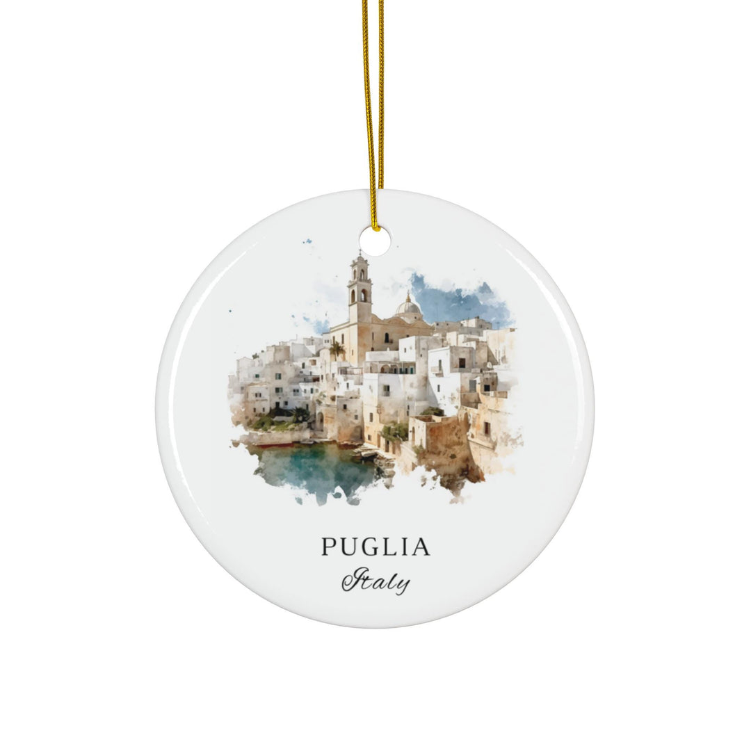 Puglia Italy holiday ornament with a white ceramic finish featuring whitewashed coastal buildings, a historic bell tower, and a gold hanging cord.