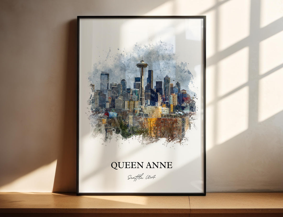 Watercolor Queen Anne Seattle wall art in a black frame featuring the Space Needle and downtown skyline, a Washington neighborhood print.