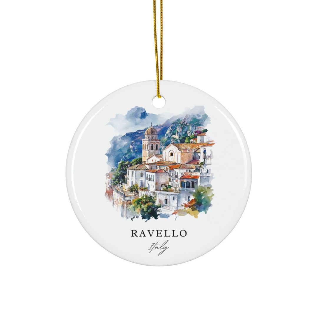 Ravello Italy ceramic ornament with a white finish features a watercolor hilltop village framed by the Amalfi Coast for a cherished travel keepsake.