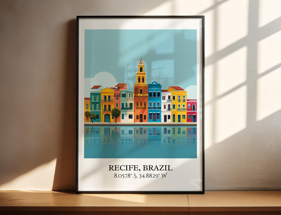 Vibrant facades reflected in coastal calm.