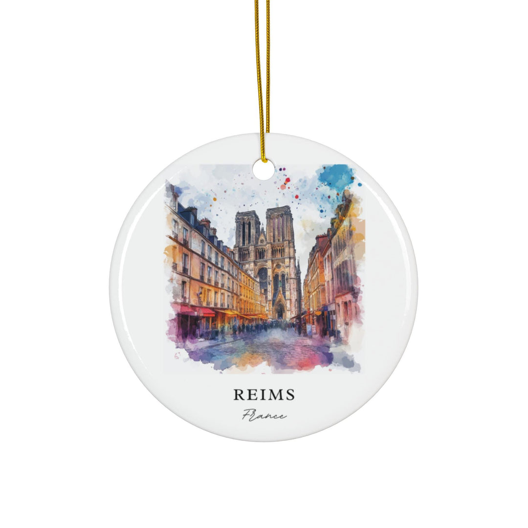 Reims France holiday ornament with a white ceramic finish featuring the iconic cathedral, colorful historic streets, and a gold hanging cord.
