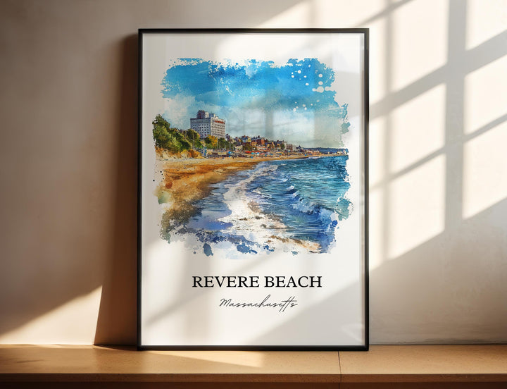 Revere Beach Massachusetts watercolor wall art featuring the scenic shoreline and ocean waves, perfect for coastal décor and gifts.