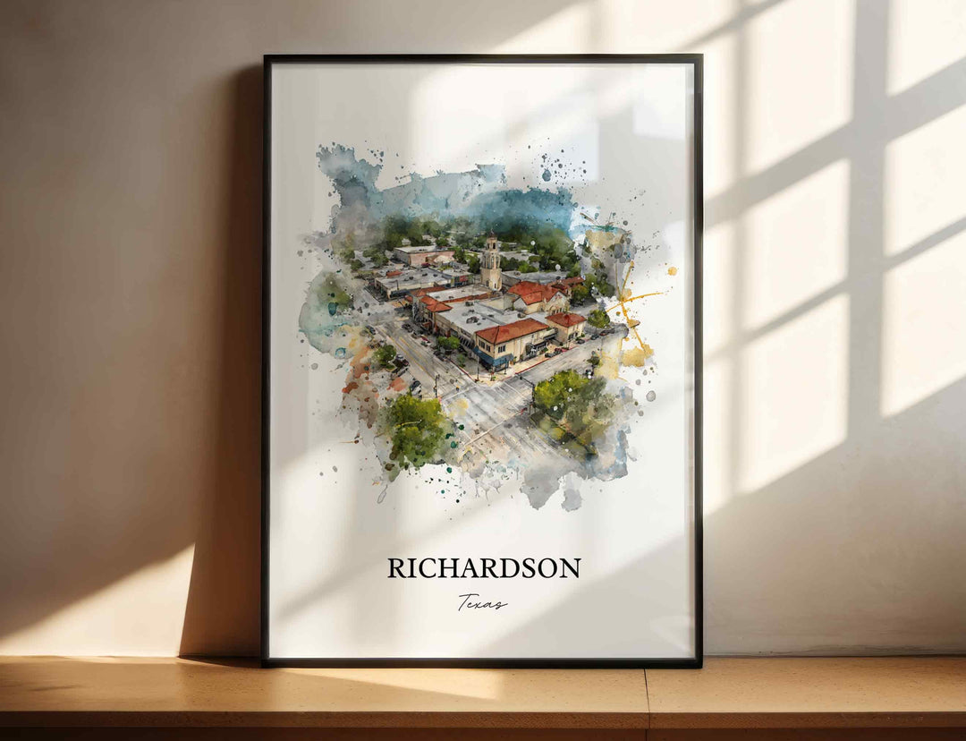 Richardson Texas watercolor wall art in a black frame featuring a charming downtown aerial view, red tile rooftops, historic architecture, and soft blue watercolor skies.