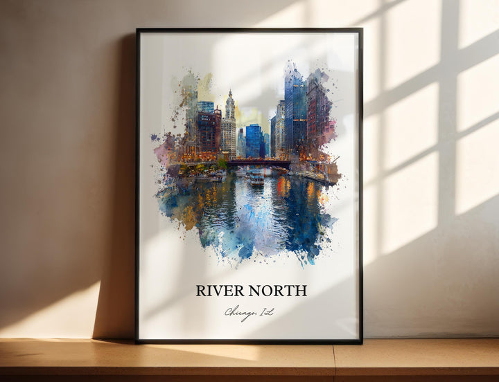 River North Chicago Illinois watercolor wall art in a black frame captures the Chicago River, bridges, and iconic skyline with vibrant city charm.