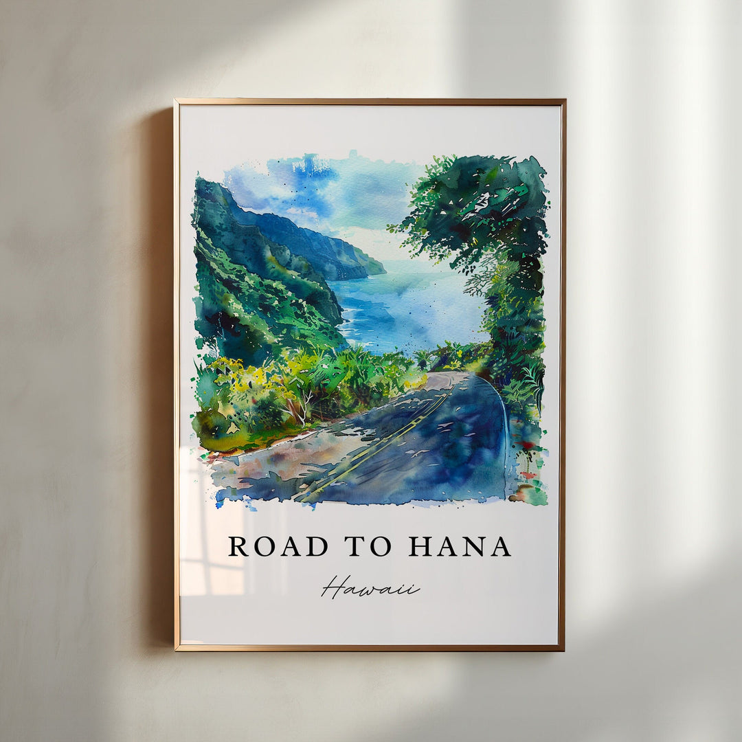 Road to Hana Hawaii watercolor wall art in a gold frame featuring lush rainforest cliffs, winding coastal roads, and vibrant blue ocean views.