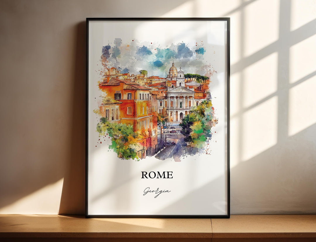 Rome Georgia watercolor wall art in a black frame captures the city&