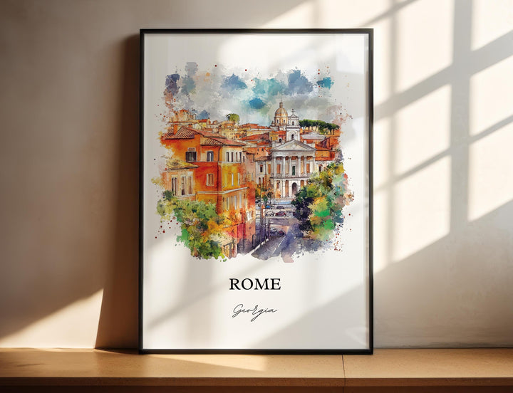 Rome Georgia watercolor wall art in a black frame captures the city&