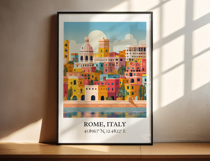 Rome Italy modern wall art in a black frame features a colorful cityscape illustration with bold architecture and vibrant European style.