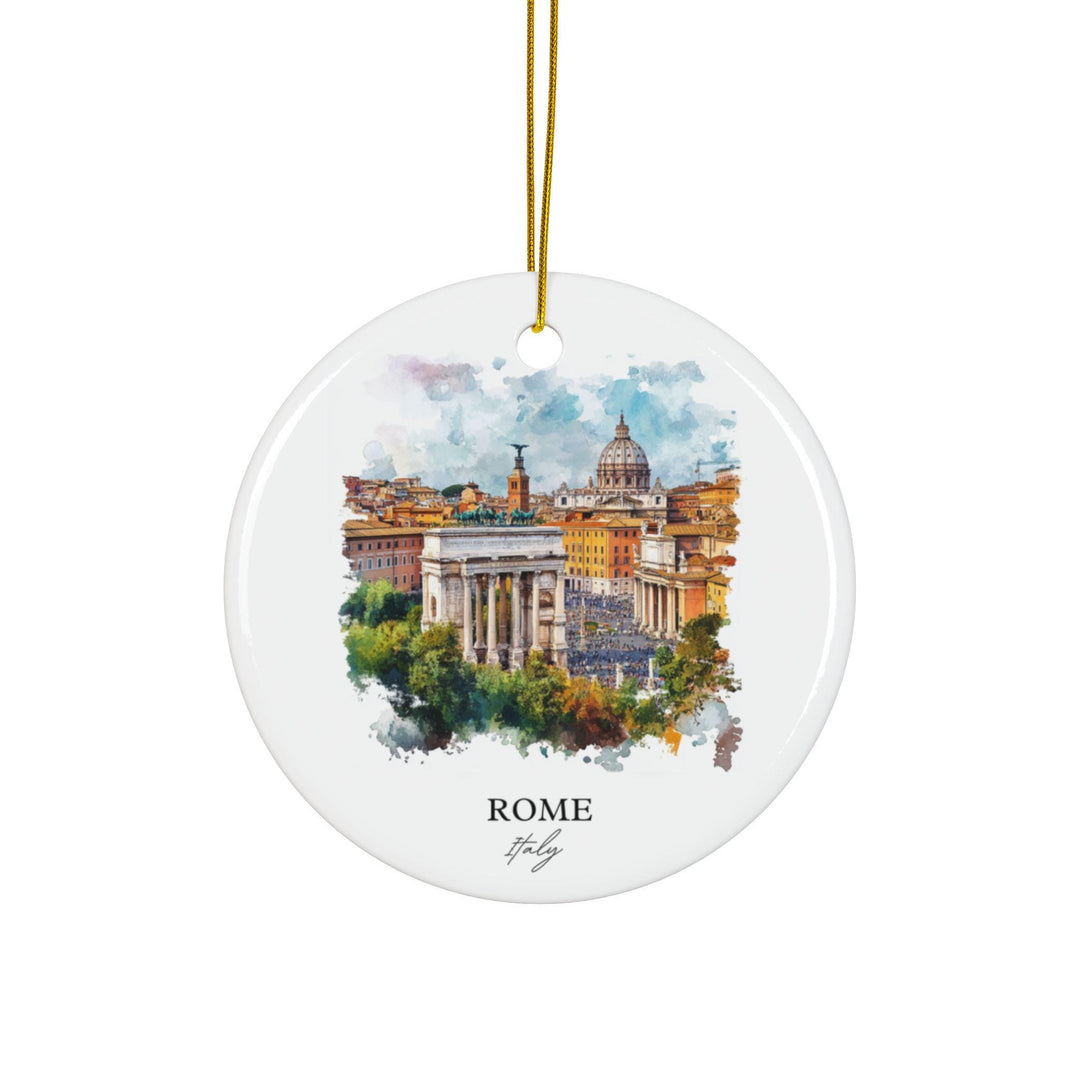 Rome Italy ceramic ornament with a white finish showcases an elegant watercolor cityscape, creating a meaningful keepsake for travel lovers.