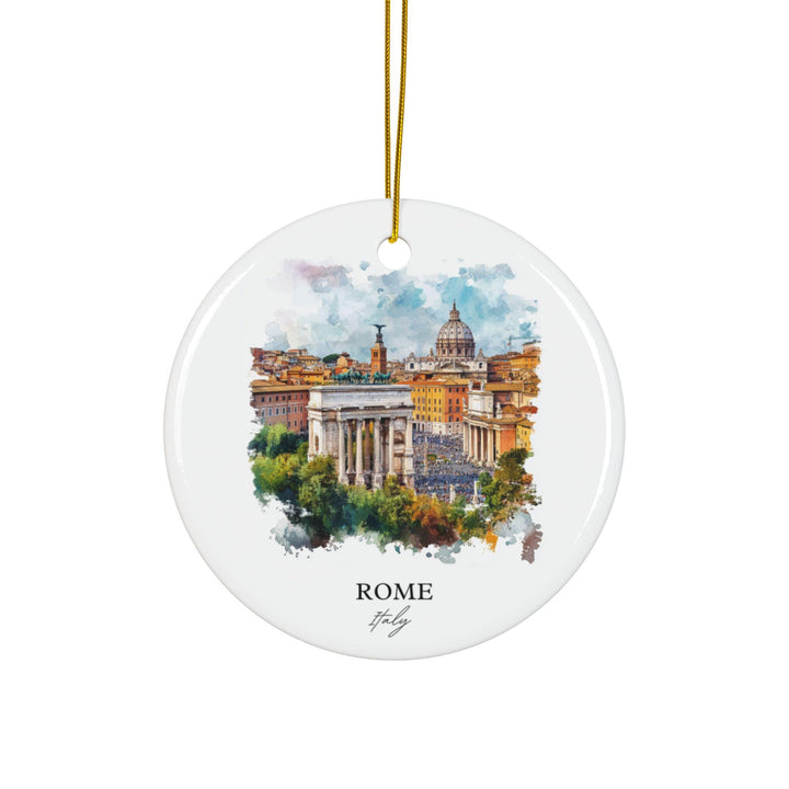 Rome Italy ceramic ornament with a white finish showcases an elegant watercolor cityscape, creating a meaningful keepsake for travel lovers.