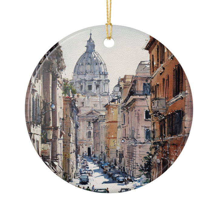Rome Italy ceramic ornament with a white finish features a watercolor street scene leading to St. Peter&